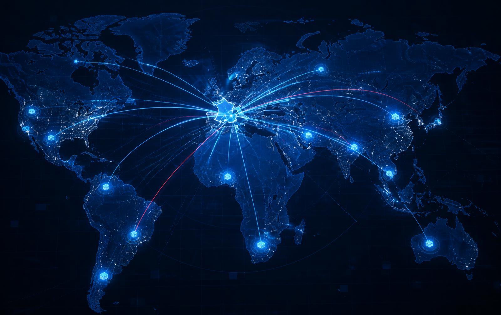 Carte du réseau logistique PREMIER COURRIER avec la France comme hub central relié à l'Europe, l'Afrique, l'Asie et les Amériques